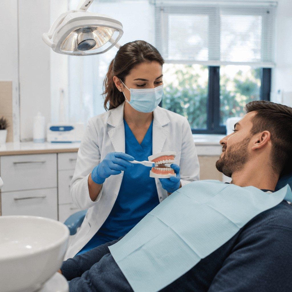 Hygienist demonstrating brushing technique on a model of the teeth to a seated patient
