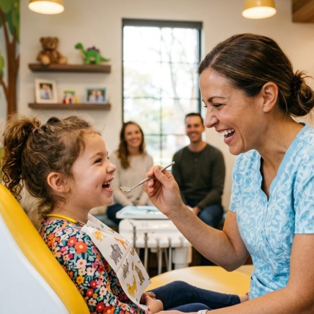 A smiling child in a paediatric dental chair with a hygienist, parents watching from behind