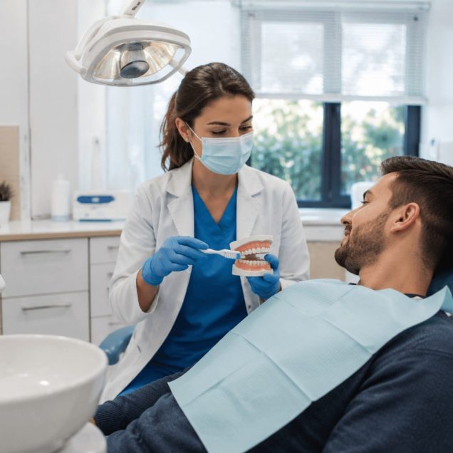Hygienist demonstrating brushing technique on a model of the teeth to a seated patient